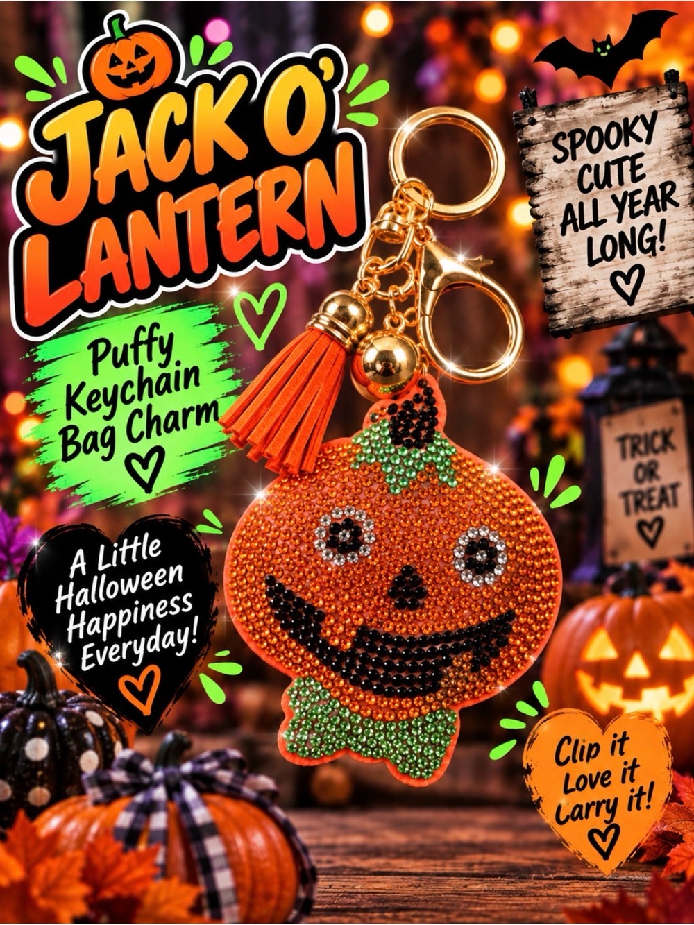 Halloween Jack O' Lantern Puffy Orange Pumpkin Keychain Bag Charm